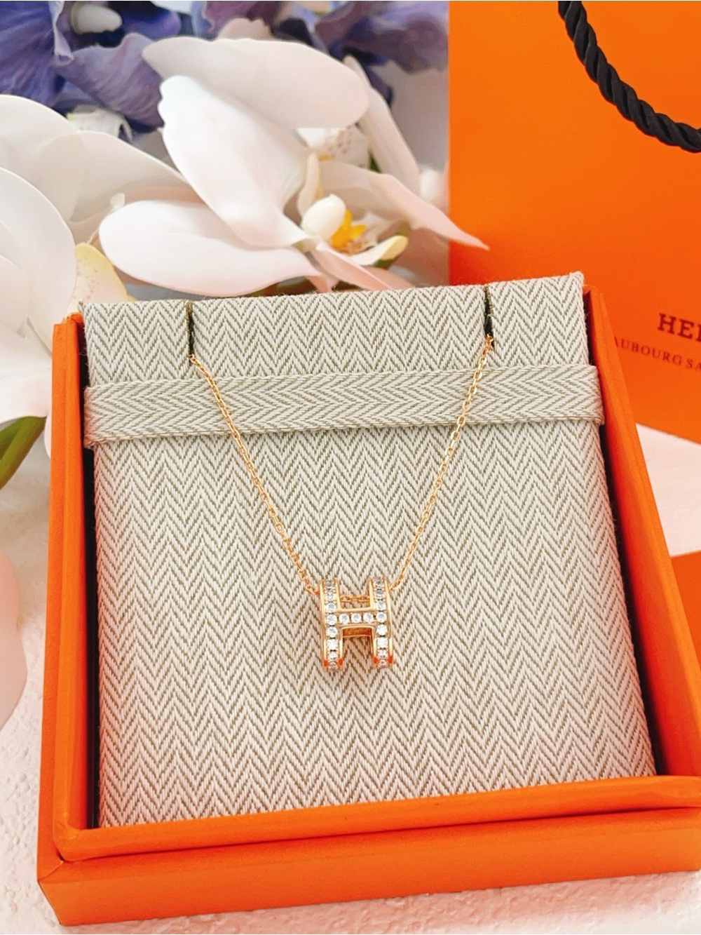 Hermes Gold H Pavé Pendant Necklace with Crystals